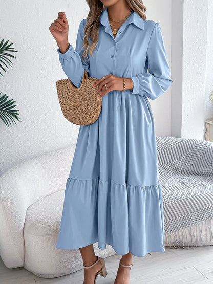 Casual Vacation Long Sleeved Turn-down Collar Single-Breasted Dress Spring Autumn Fashion Women's Clothing