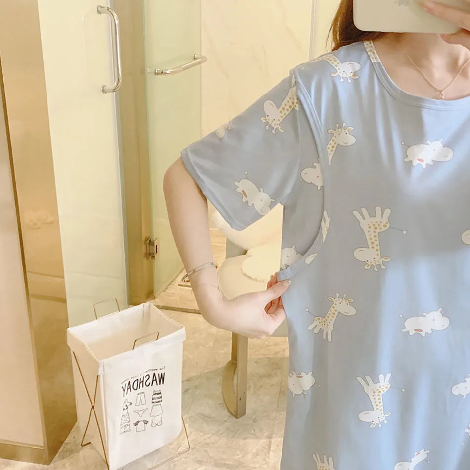 Maternity Clothings Nursing Dresses Breastfeeding Sleepwear Pattern Printing Cheerful and Lively Girl Feeling for Pregnant Women