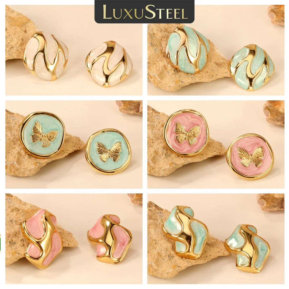 LUXUSTEEL Irregular Vitality Earrings Butterfly Women Stud Earrings Round Stainless Steel Female Ear ring Elegant Jewelry Gift
