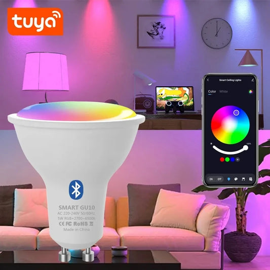 GU10 Bluetooth Lamp Tuya Smart Bulb RGB 220V Led Light Bulbs Smart Led Bulb APP Control Lamp 9W Dimmable For Room Home Decor