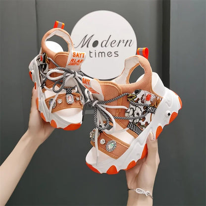 Comemore Leisure Lady Platform Chunky Sandals Mixed Color Shoes Sports Wedge White Sandals Women High Heel Beach Casual Shoes 39