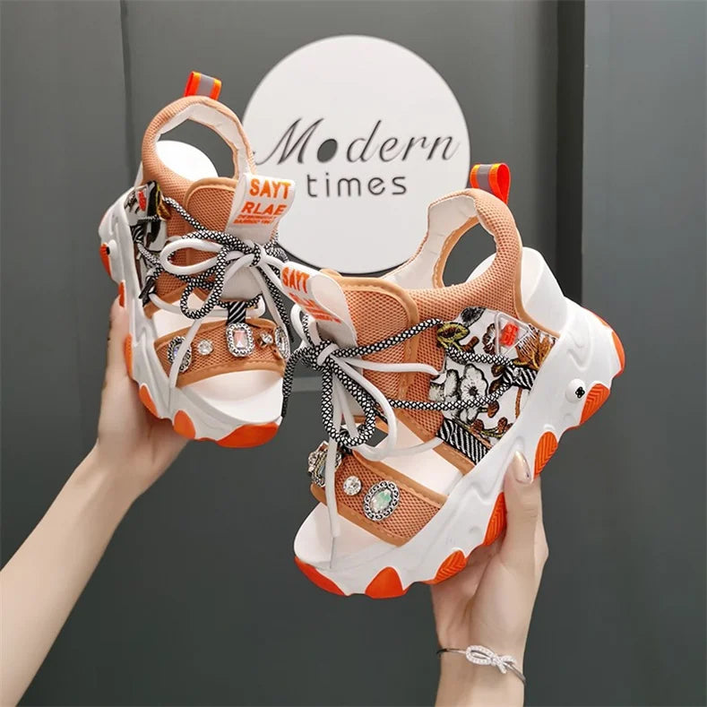 Comemore Leisure Lady Platform Chunky Sandals Mixed Color Shoes Sports Wedge White Sandals Women High Heel Beach Casual Shoes 39