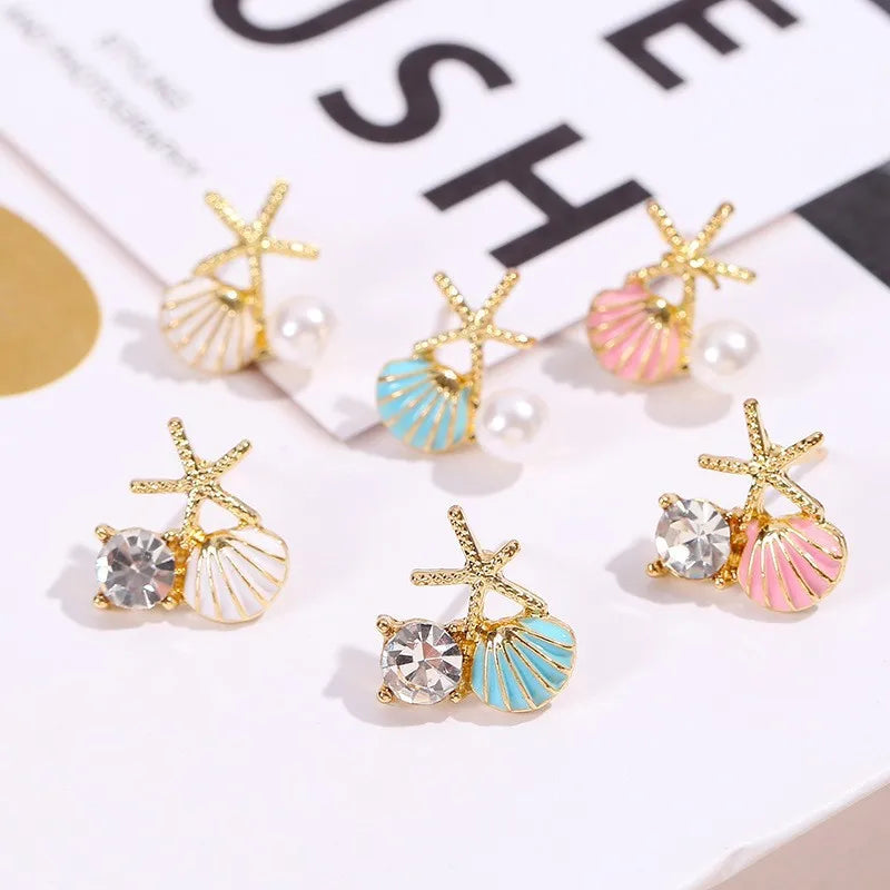 Imitation Pearl Asymmetric Ocean Style Earrings Stud For Women Starfish Shell Earring Ear Ring Zircon Fashion Jewelry Gift