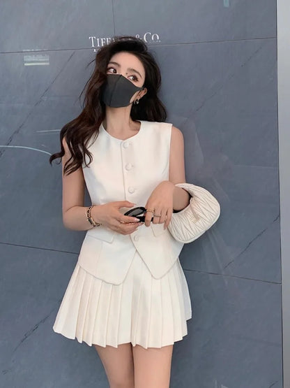 Womans Clothes for 2025 Two Piece Set Sleeveless Tunic Vest Coat High Waist Pleated Mini Skirts Outfits Chic Korean Summer Suit