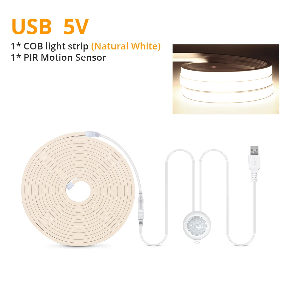 Smart PIR Motion Sensor Super Bright COB LED Strip Neon Light Auto ON/OFF 320leds/m Waterproof for Kitchen,Stair,Wardrobe Decor