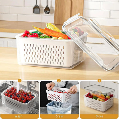 Fridge Food Storage Container Set with Lids with Strainer,Plastic Fresh Produce Saver Vegetable Fruit Meat Organizer