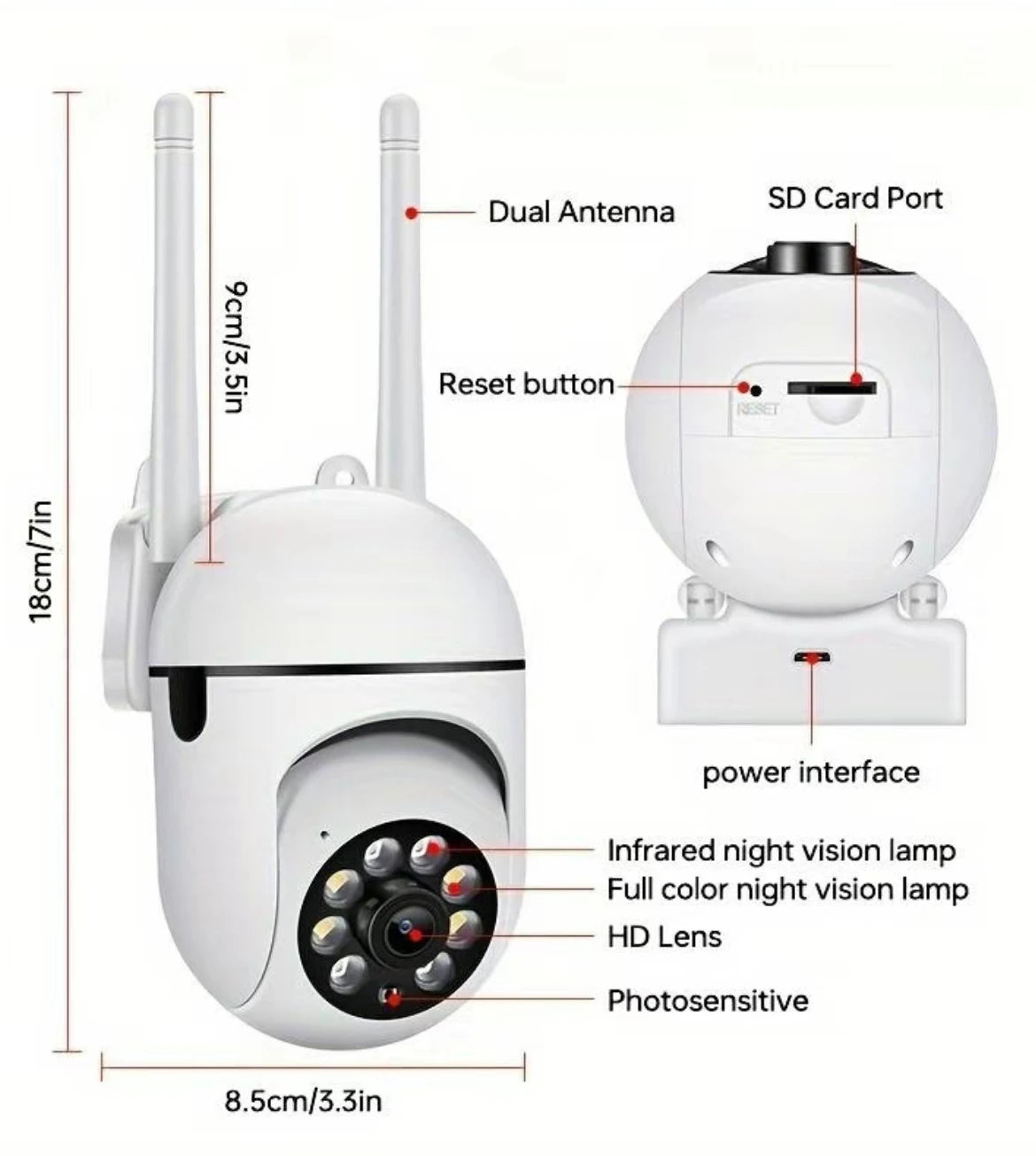 Home security camera, featuring night vision function, two-way audio, horizontal/vertical/zoom functions, used for motion tracki
