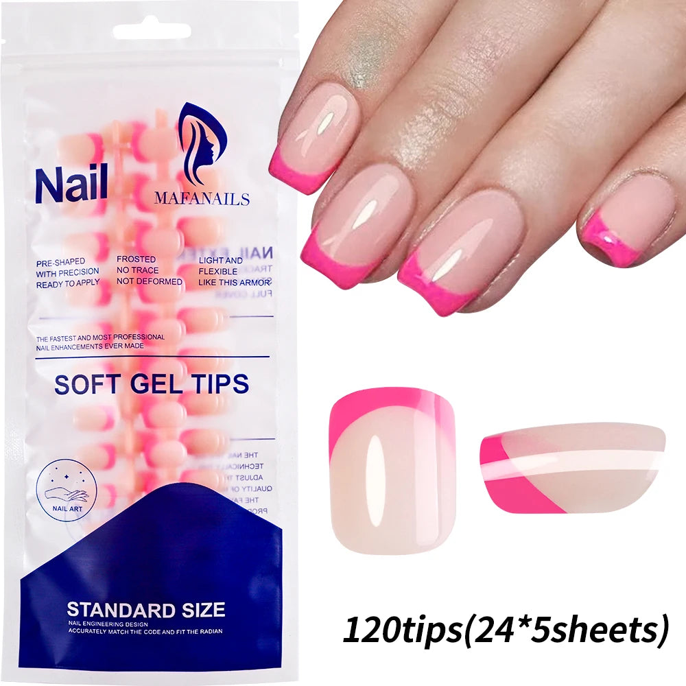 120Pcs=24*5 French Short Square Coffin False Nail White Pink Simple Wearable Fake Nails Glossy Full Cover Press on Nail Tips Art