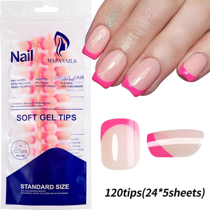 120Pcs=24*5 French Short Square Coffin False Nail White Pink Simple Wearable Fake Nails Glossy Full Cover Press on Nail Tips Art