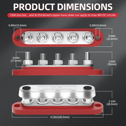 150A Terminal Bus Bar 5*M8 Studs Battery Power Distribution Block Red Black 12V Car Busbars for Automotive Marine Boat