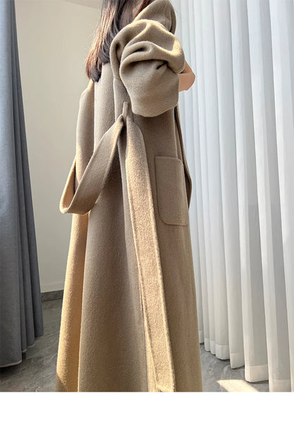 Office Lady Woolen Jackets 2024 Autumn And Winter Bathrobe Style Pocket Double-Sided Loose Lace -Up Tie Women's Long Wool Coats