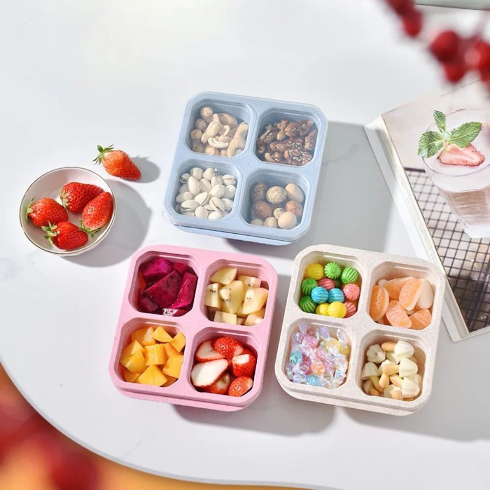 Reusable 4 Compartments Lunch Box Snack Dim Sum Nut Candy Box with Cover Wheat Straw Four Grid Snack Containers Meal Prep