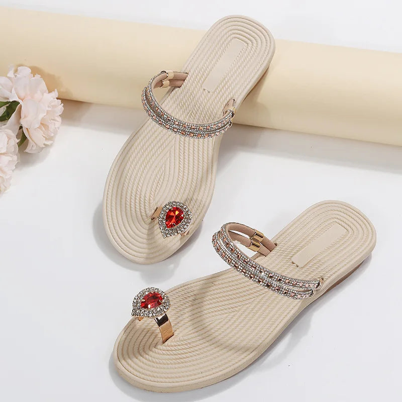 Flip-flops women 2024 summer new two-wear beach sandals European and American rhinestones soft soles flat slippers