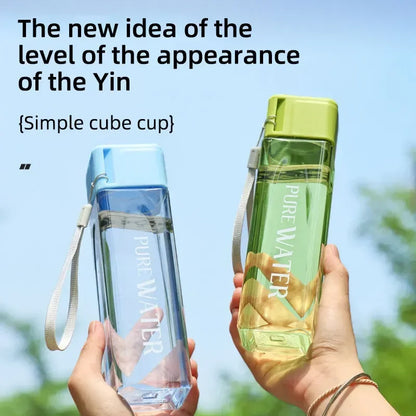 Portable Plastic Water Cup Square Bottle with Hand Strap Milk Cup Creative Frosted Portable Cup Student Sports Water Bottle