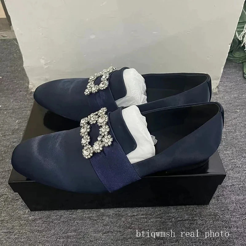 Silver Rhinestone Shoes Man Pointed Toe Black Real Suede Flats Male Fashion Wedding Shoes