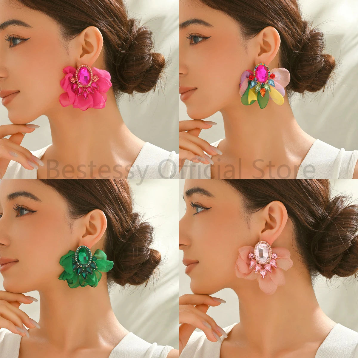 Bohemian Fabric Flower Earrings for Women Imitation Gemstone Floral Large Earrings Party Prom Beach Vacation Jewelry Accessories