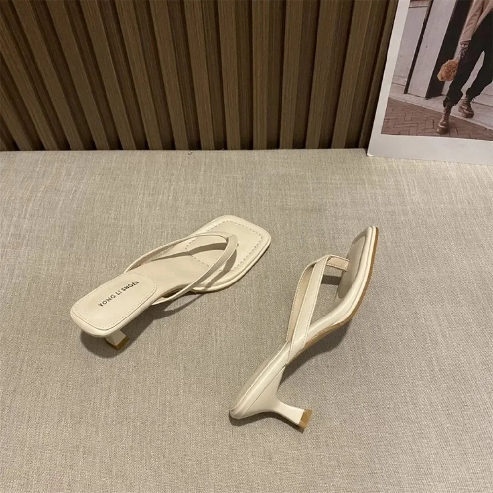 Flip Flops Women Summer Outside New Square Head Slim Heel Sandals Fashion Clip Toe Slippers Women Sandals Pantuflas De Mujer