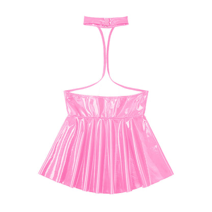 Womens Patent Leather Halter Latex Dress Wet Look Bare Breast Exposing Patent Leather Open Chest Halter Ruffled Latex Dresses