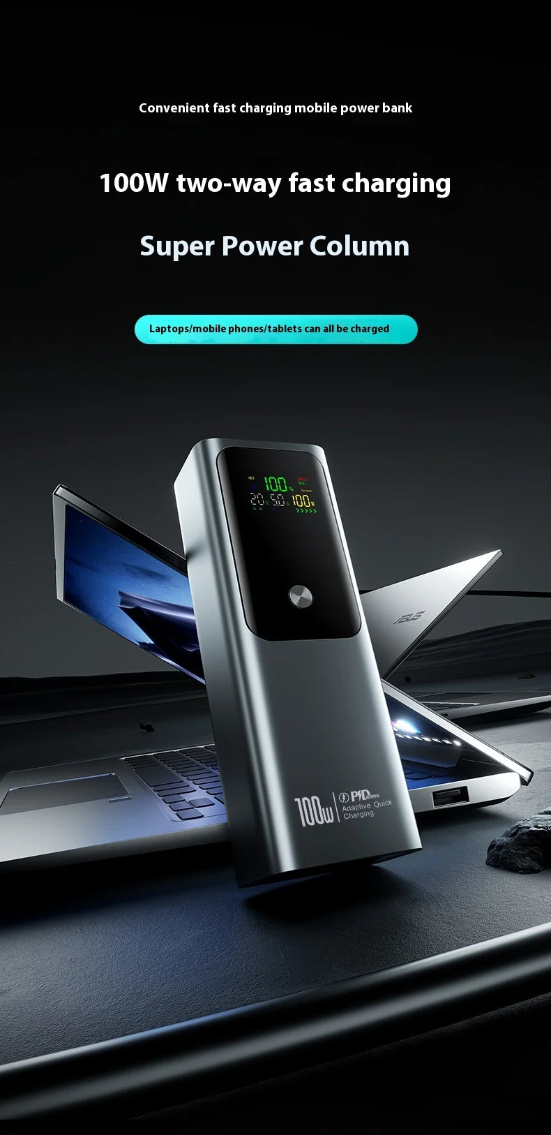 New PD100W Power Bank 30000mAh Large Capacity Two-way Fast Charging Portable Powerbank Laptop External Spare Battery for Macbook