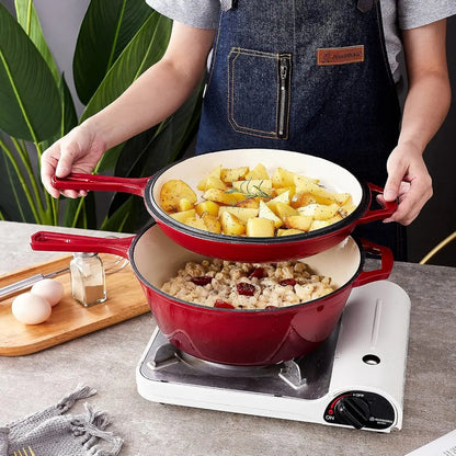 2 in 1 Enameled Cast Iron Pot with Lid 11 Inch Cast Iron Dutch Oven & Skillet Combo, Enameled Cast Iron Cookware with Lid