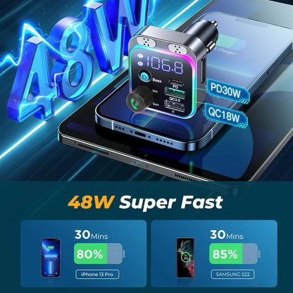 Bluetooth 5.0 FM Transmitter For Car FM/AUX Bluetooth Car Adapter Car Charger Bass Boost 3 Ports Charger Bluetooth Adapter