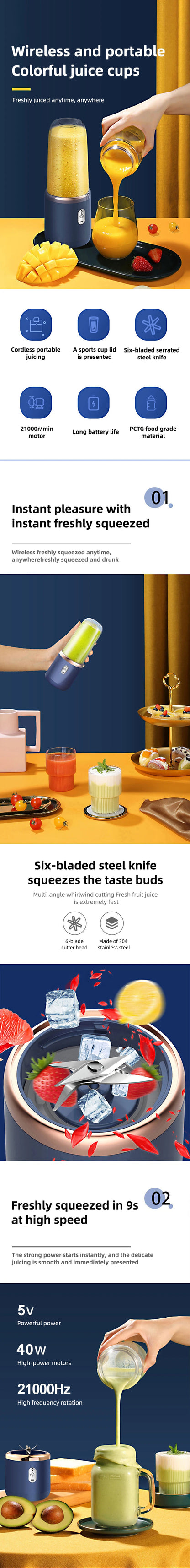 40W Portable Blender Cup with Sharp Blades 1500mAh Battery Double Cups for Smoothie Juice Shakes Travel Camping Picnic Home Use