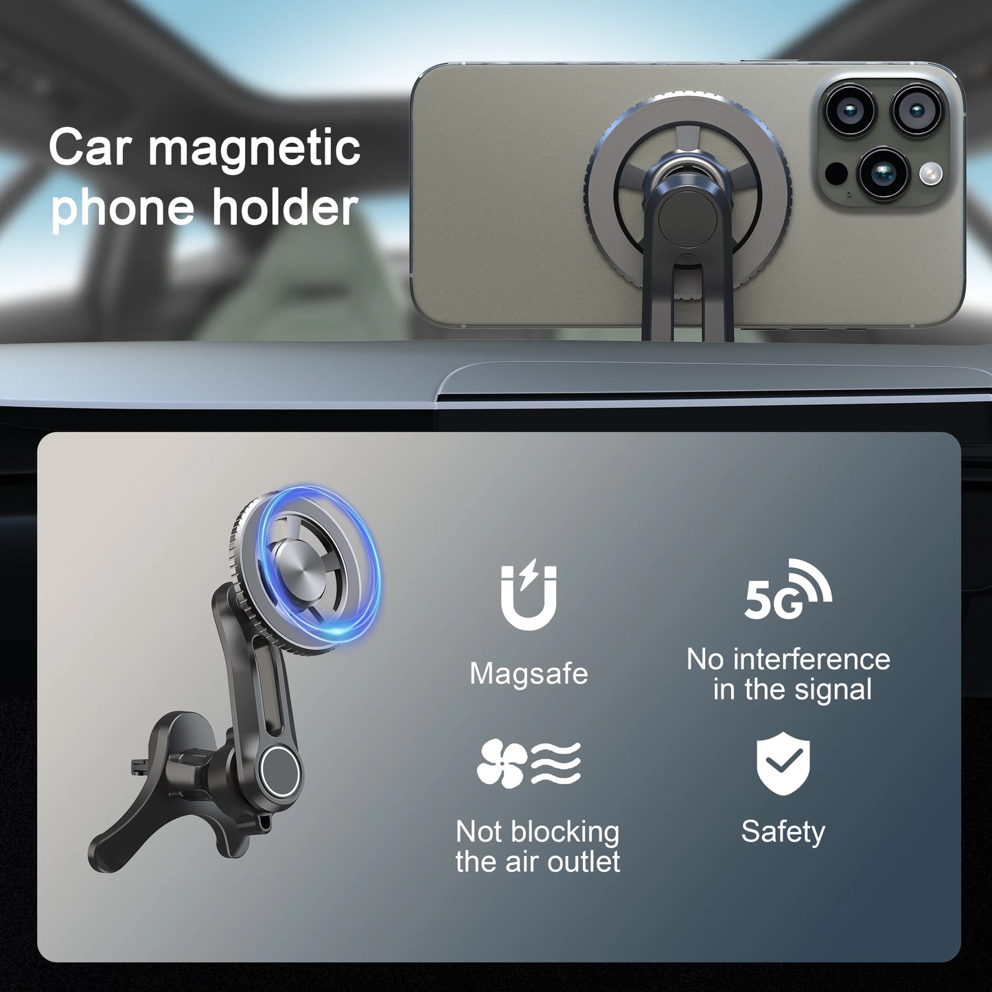 Fits for MagSafe Car Mount, [20 Strong Magnets] Magnetic Car Phone Holder Mount, [Easily Install&Never Blocking Vent] Magnetic