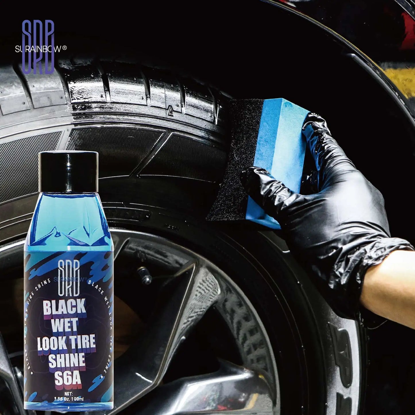 Black Wet Look Tire Shine Dressing -Automotive Clear Coat Tire Dressing Spray for Glossy Wet Tire Look, Vinyl & Plastic, with UV