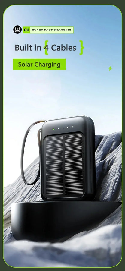 20000mAh High Capacity Solar Power Bank Built 4 Cables Fast Charger 2 USB Ports Portable External Powerbank LED Light Powerbank