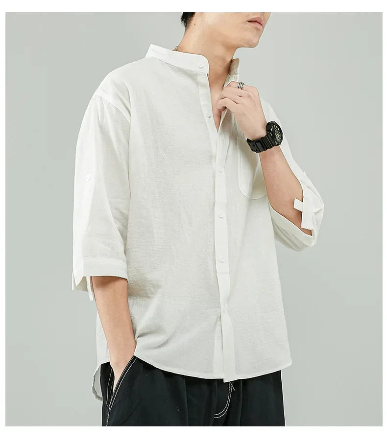 Line Shirt Men's Short-sleeved White Shirt Loose Chinese Style Summer Cotton Linen Casual Jacket Men's Quarter-sleeved Top