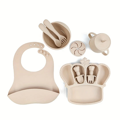 11pcs Silicone Baby Feeding Set: 1 Bowl, 1 Bib, 5-grid Plate, 2 Spoons & 2 Forks (Long & Short), 1 Cup with 2 Lids and 1 Straw