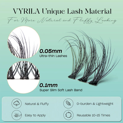 VYRILA Lash Extension Kit Wispy C Curl Lash Clusters Kit Hush 8-16mix Individual Lashes with Lash Bond and Seal Lash Tweezers