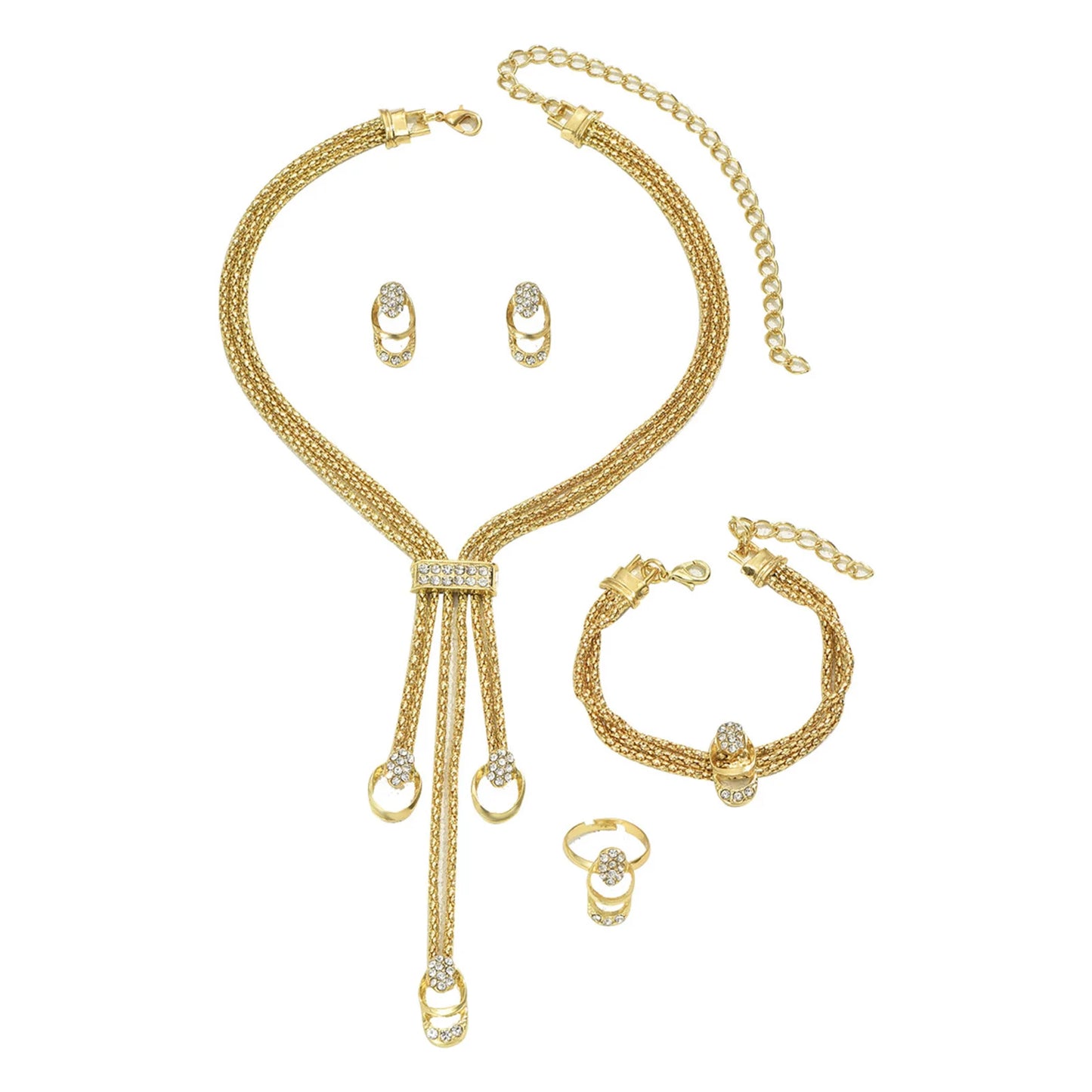 2025 Fashion Jewelry Set Luxury Alloy Long Tassel Necklace Bracelet Earrings Rings Elegant Women Banquet Wedding Accessories