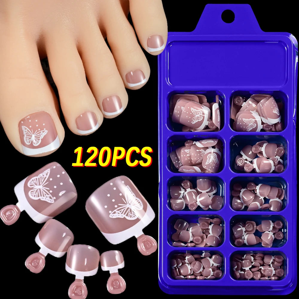 120Pcs French Short Square Artificial Press On Toenails Nude Pink Full Cover False Toe Nails Fake Toe Nail Extension For Women