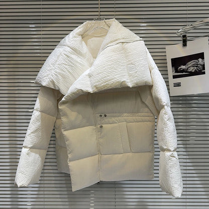 Winter Big Turn Down Collar Long Down Jacket Drawstring Striped Thick Knee Length Overcoat Warm White Duck Down Jacket Women