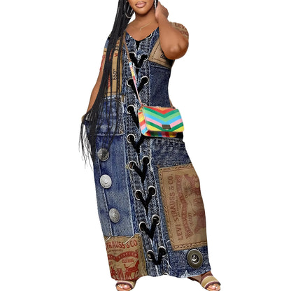 Women's Casual Maxi Dresses Summer Suspender Beach Dress Sundress with Pockets