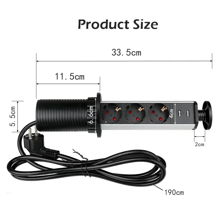 16A PULL POP UP 3 Power EU Socket New Black Color Port Kitchen Table Desktop Sockets Retractable Countertops French Plug