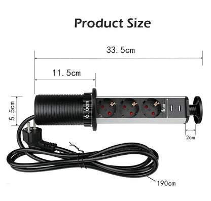 16A PULL POP UP 3 Power EU Socket New Black Color Port Kitchen Table Desktop Sockets Retractable Countertops French Plug