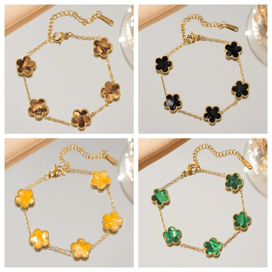 Double Sided Five-Leaf Flower Bracelet For Women Adjustable 18k Plated Gold Stainless Steel Five Point Star Clover Party Jewelry