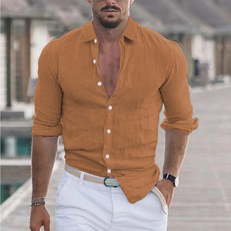 High quality men's solid color cotton long sleeve shirt lapel Fashion casual loose street soft breathable cotton clothing