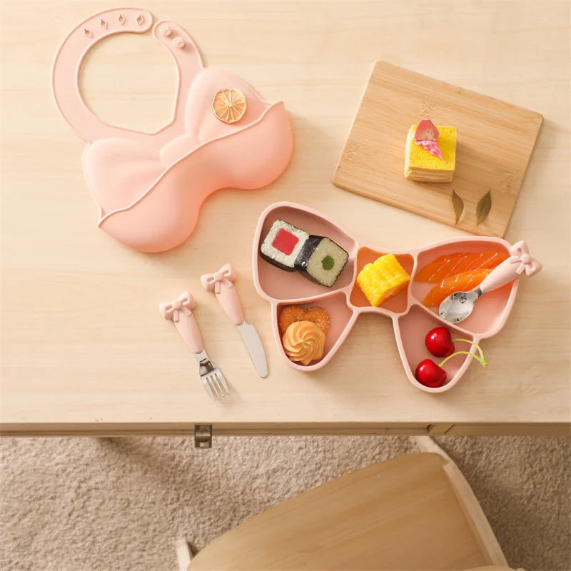 5Pc-Set Baby Cute Silicone Dining Plate Spoon Set for Baby Feeding Bow Bibs Straws Pad Fork Spoon Maternal Infant Supplies Gifts