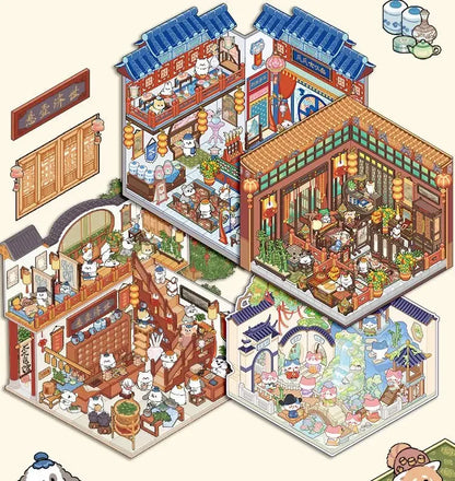 Cartoon 3D Chinatown Landscape Sticker Theater Pharmacy Restaurant DIY Pocket Cabin Scene Stickers Gift for Kid Child