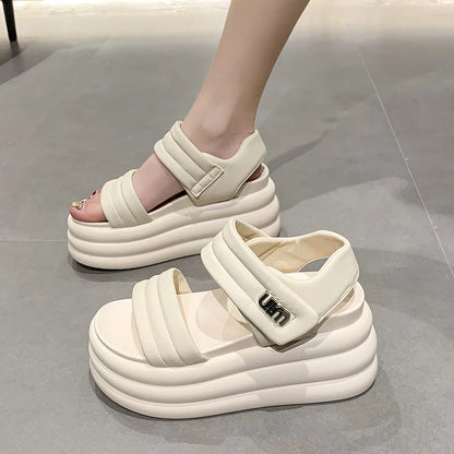 2025 Summer Women Chunky Sandals Leather High Platform Trainers Breathable Casual Slippers Shoes Woman 8.5CM Heels Wedge Sneaker