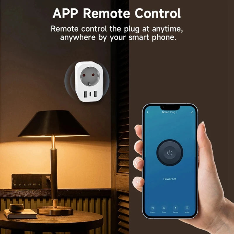 New-A47Q-16A Tuya Smart Plug Socket With PD Fast USB Ports Power Monitor Timing And Countdown Smart Home Via Alexa Home EU PLUG