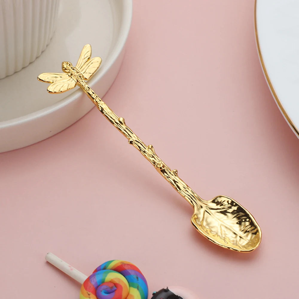 Retro Dessert Spoon Dragonfly Twig Decorative Stirring Spoon Alloy Leaf Spoon Lightweight Portable Coffee Tea Spoon Kitchen Tool