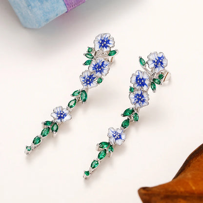 Huitan Creative Design Pink Flowers Enamel Earrings for Women Silver Color Luxury Crystal CZ Green Leaf Earrings Fashion Jewelry