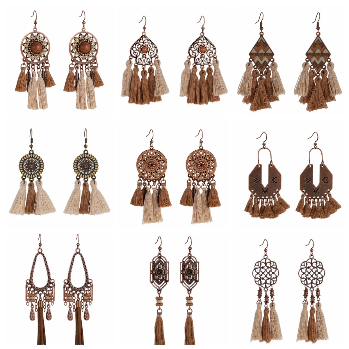 Bohemian Brown Geometric Fringe Earrings for Women Vintage Hollow Flower Beads Tassel Earrings Girls Party Jewelry Gifts