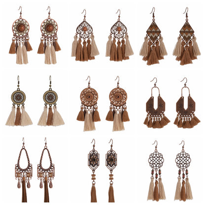 Bohemian Brown Geometric Fringe Earrings for Women Vintage Hollow Flower Beads Tassel Earrings Girls Party Jewelry Gifts