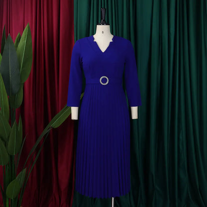 Office Dresses for Women V Neck Full Sleeve Belt Waisted Pleated Mid Calf Elegant Female Business Work Wear Dress Midi Cloth New