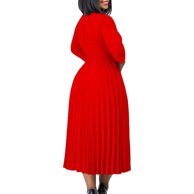 Office Dresses for Women V Neck Full Sleeve Belt Waisted Pleated Mid Calf Elegant Female Business Work Wear Dress Midi Cloth New